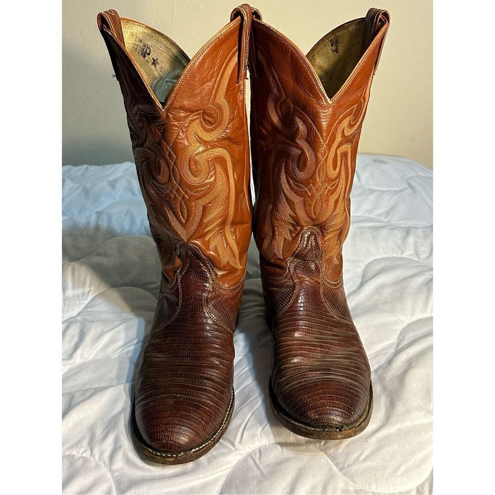 Vintage Tony Lama Tegu Lizard And Calf Leather Cowboy Boots Size 10D